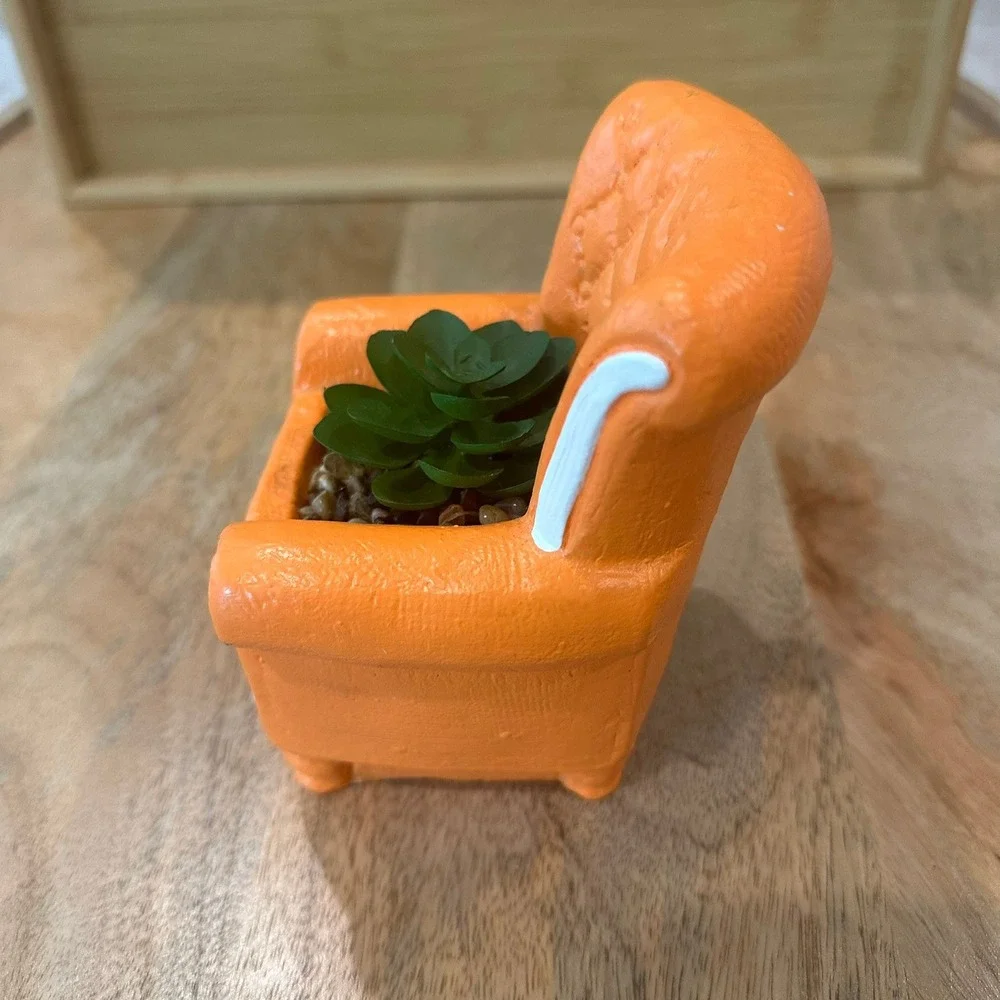 Orange Miniature Armchair Succulent Planter Faux Plant Decor Tufted Chair